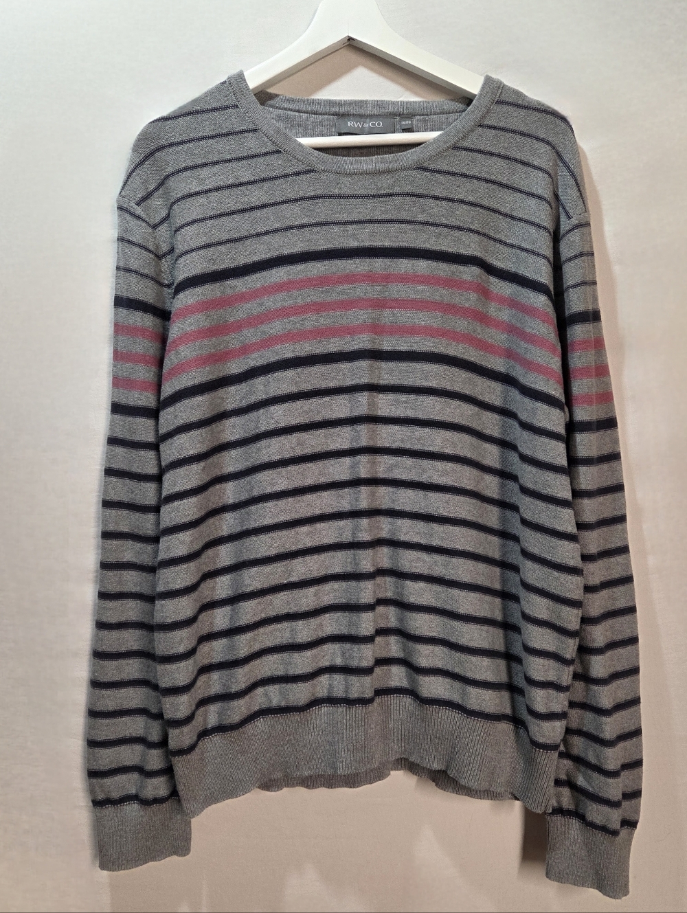 Preppy Striped Classic Crewneck Knit Cotton Sweater Mens XL Grey Fall Pullover